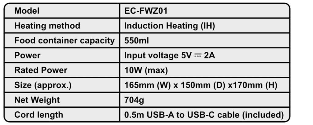 ec-heat USB Food Wamer-Specifications