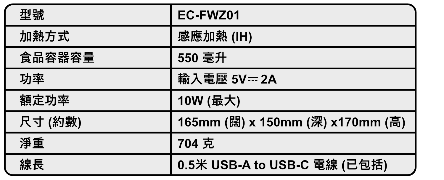 ec-heat USB Food Wamer-Specifications